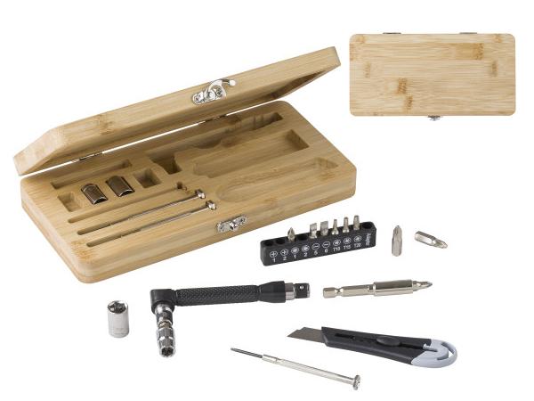 Boîte à outils pour vélo, en bois et outils en acier inoxydable.